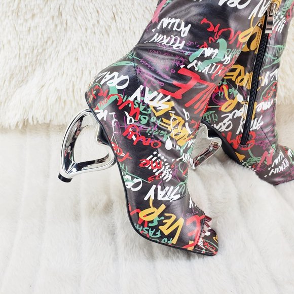 Zen Love Colorful Graffiti Print Over The Knee Boots With Wedge Heart heels - Picture 9 of 16